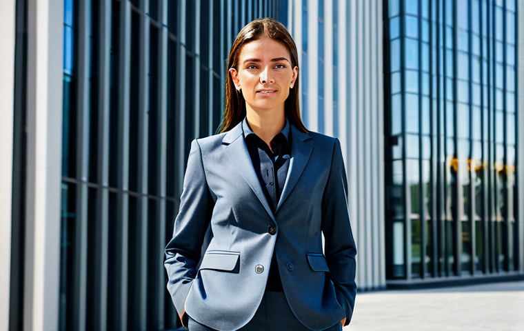 Transformer 아키텍처의 성능 분석 - "A professional businesswoman in a modest business suit, standing in front of a modern office buildi...