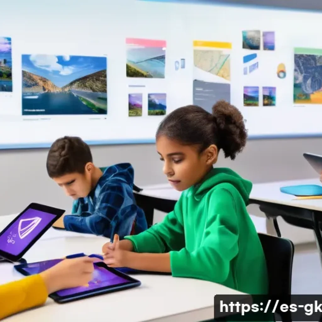 Transformer 아키텍처의 응용 분야 - A futuristic classroom scene in a vibrant Spanish school, showcasing diverse students engaged with A...