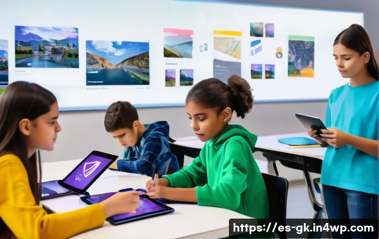 Transformer 아키텍처의 응용 분야 - A futuristic classroom scene in a vibrant Spanish school, showcasing diverse students engaged with A...
