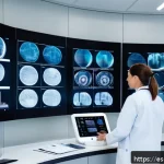 Home 21 Transformer 아키텍처의 국제적 연구 동향 - A futuristic medical diagnostic room in a modern Spanish hospital, showing a multimodal AI system an...
