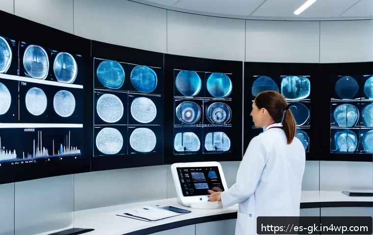 Transformer 아키텍처의 국제적 연구 동향 - A futuristic medical diagnostic room in a modern Spanish hospital, showing a multimodal AI system an...